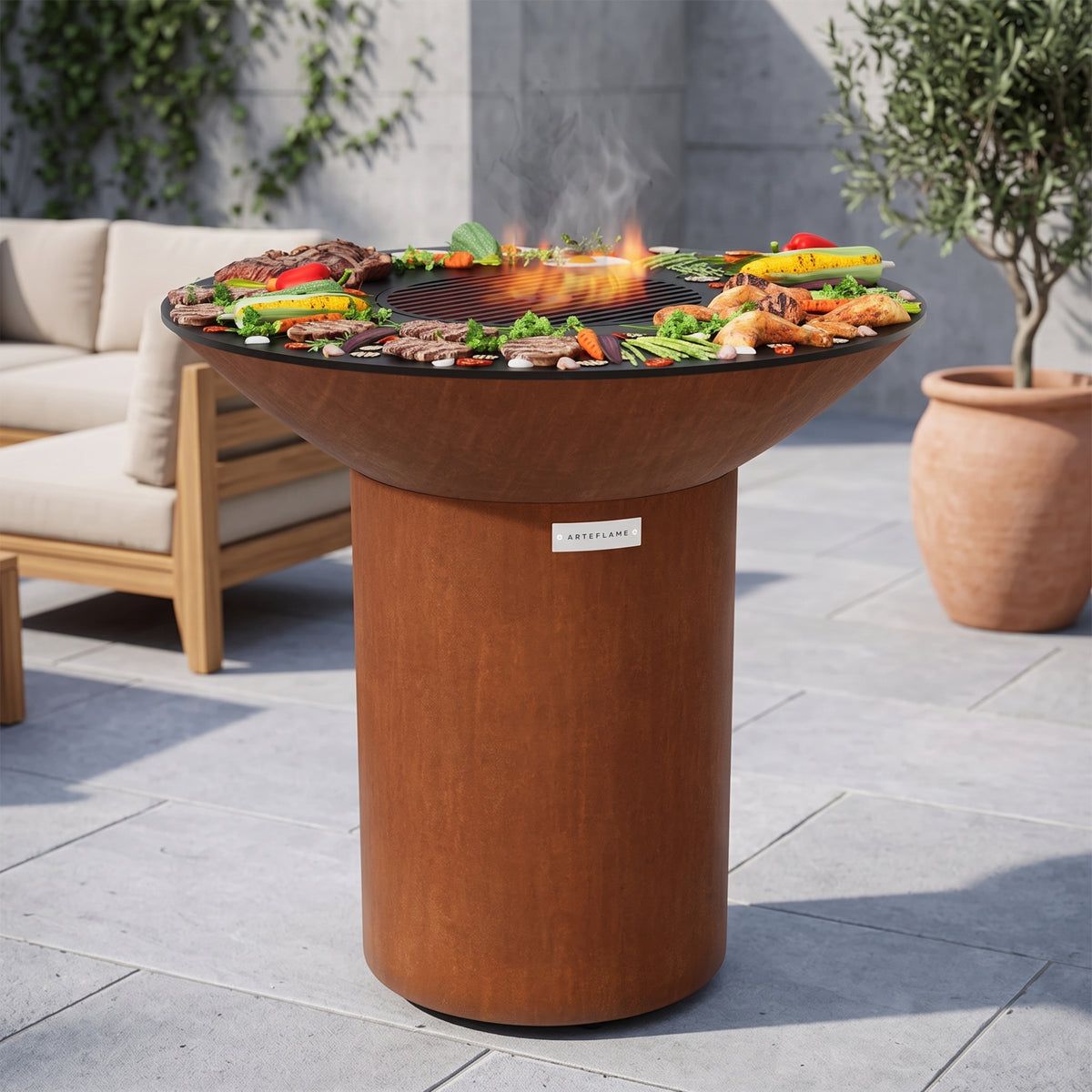 Arteflame Classic 40″ — Round Base Flat-Top Grill & Fire Bowl (CORTEN Steel)
