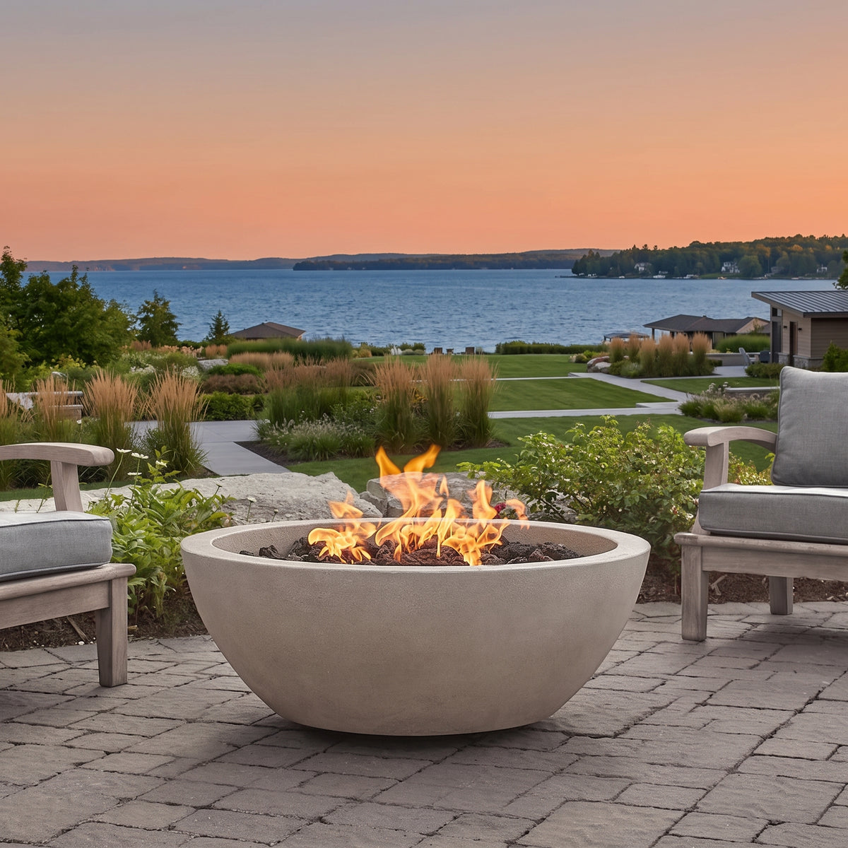 Pompton 42 In. round Concrete Composite Propane Fire Pit in Fog with Vinyl Cover