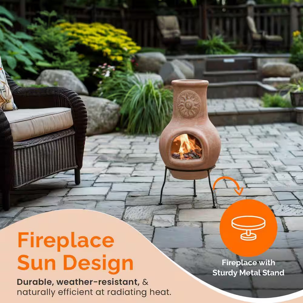 Beige Clay Chiminea Outdoor Fireplace Sun Design Charcoal Burning Fire Pit with Sturdy Metal Stand, Cozy Nights Fire Pit