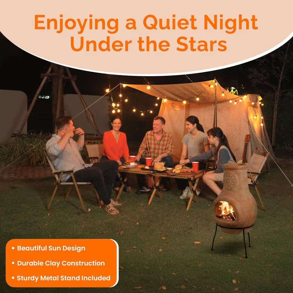 Beige Clay Chiminea Outdoor Fireplace Sun Design Charcoal Burning Fire Pit with Sturdy Metal Stand, Cozy Nights Fire Pit