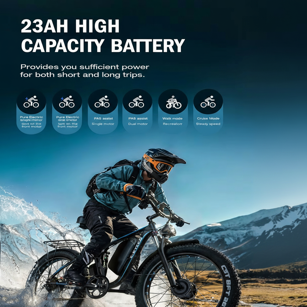 Off-Road Full Suspension E- Bike 2000W Dual Motor 52V 23AH Battery Mountain E- Bike 26 Inch Fat Tire Electric Bikespeed 55KM/H