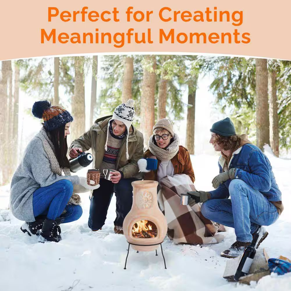 Beige Clay Chiminea Outdoor Fireplace Sun Design Charcoal Burning Fire Pit with Sturdy Metal Stand, Cozy Nights Fire Pit
