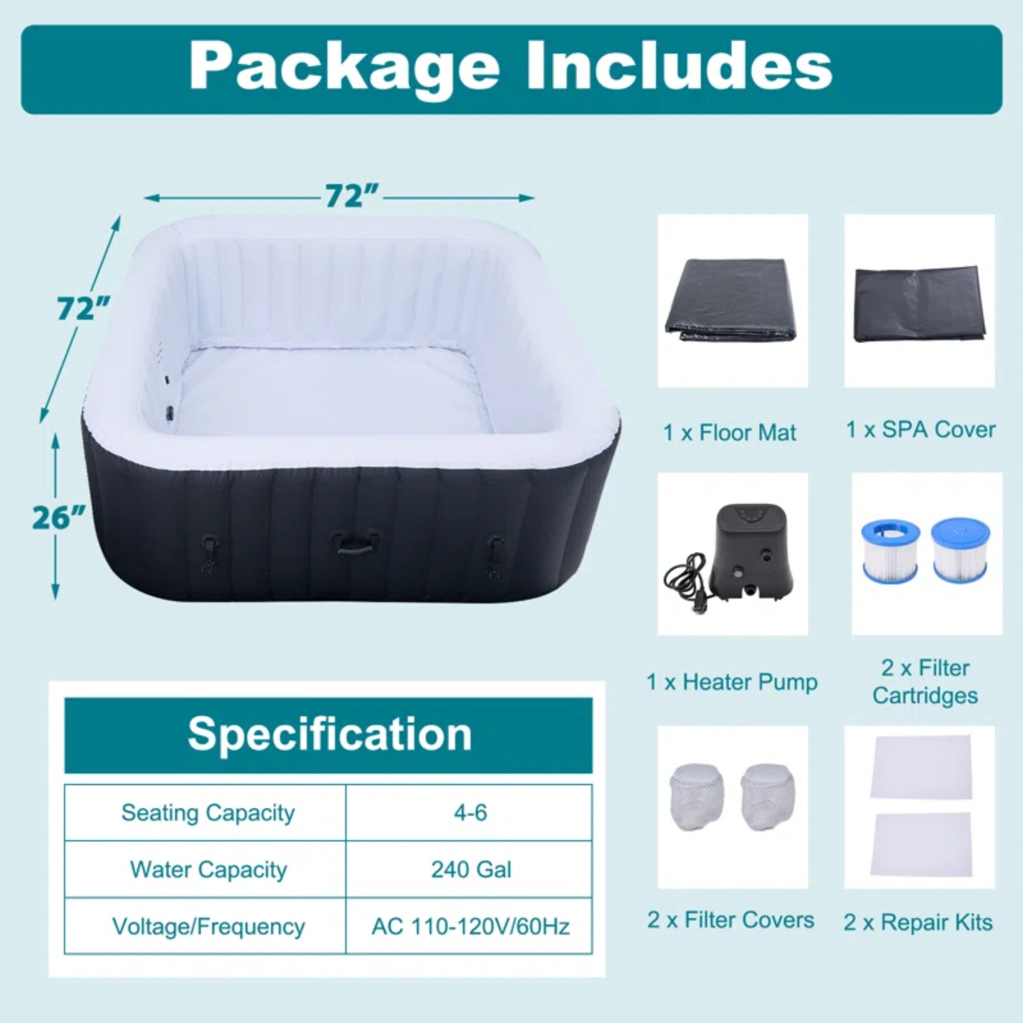 CQYG Hot Tub, Portable Inflatable Hot Tub, 2-6 Person Outdoor Spa with Bubble Jets and Heater Pump, Filter