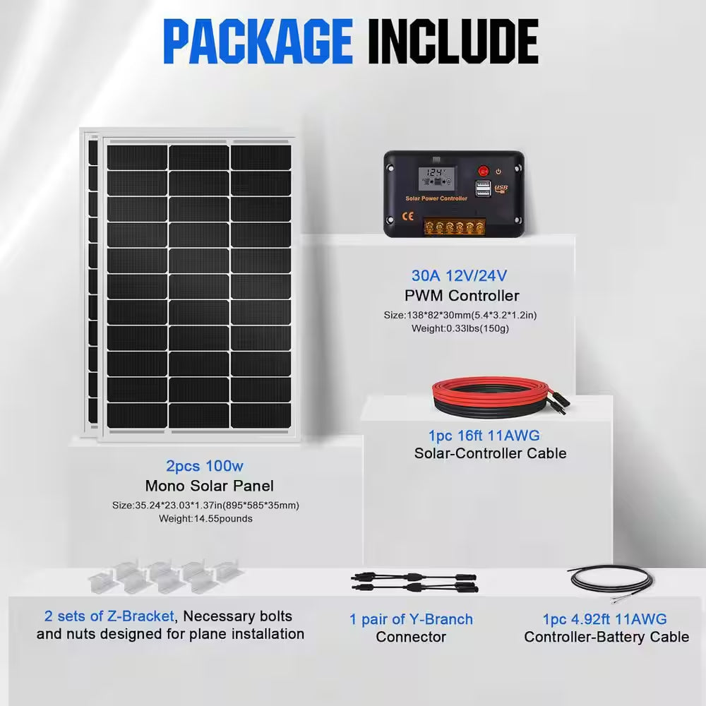 200W 12V/24V Solar Panel Kit with Monocrystalline Panels and 30A Charge Controller