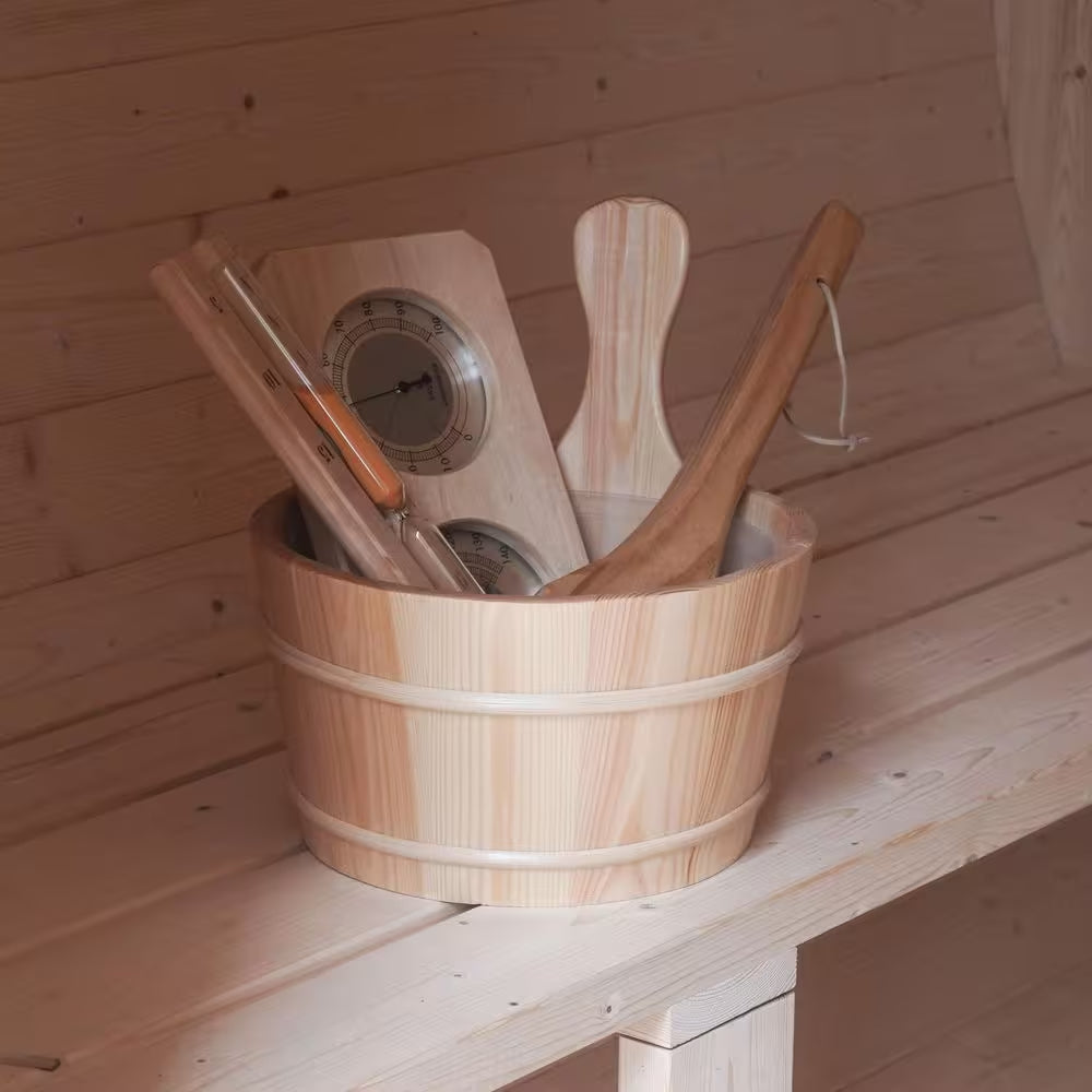 3-Person Capacity Outdoor White Finland Pine Wet/Dry Traditional Barrel Sauna with Black Accents