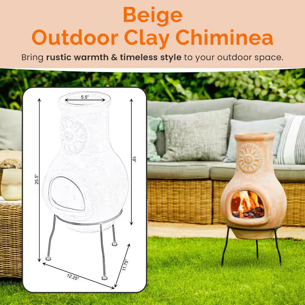 Beige Clay Chiminea Outdoor Fireplace Sun Design Charcoal Burning Fire Pit with Sturdy Metal Stand, Cozy Nights Fire Pit