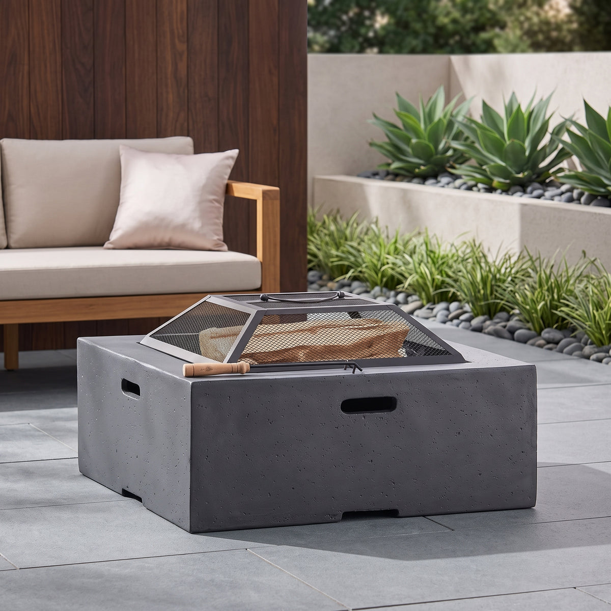 29 In. Dark Gray Square Wood Outdoor Fire Pit