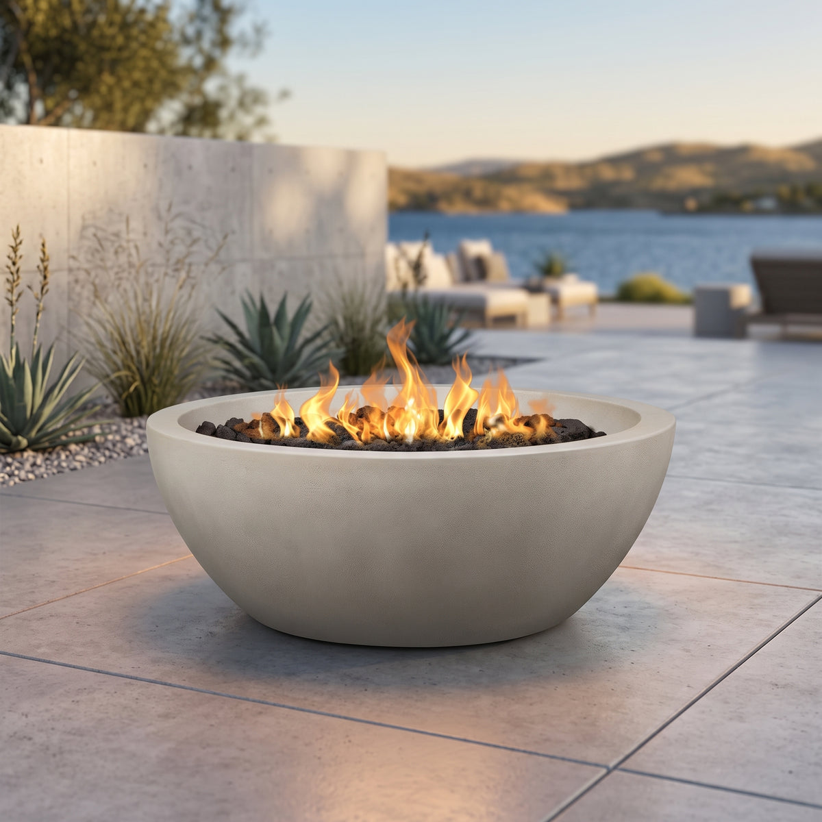 Pompton 42 In. round Concrete Composite Propane Fire Pit in Fog with Vinyl Cover