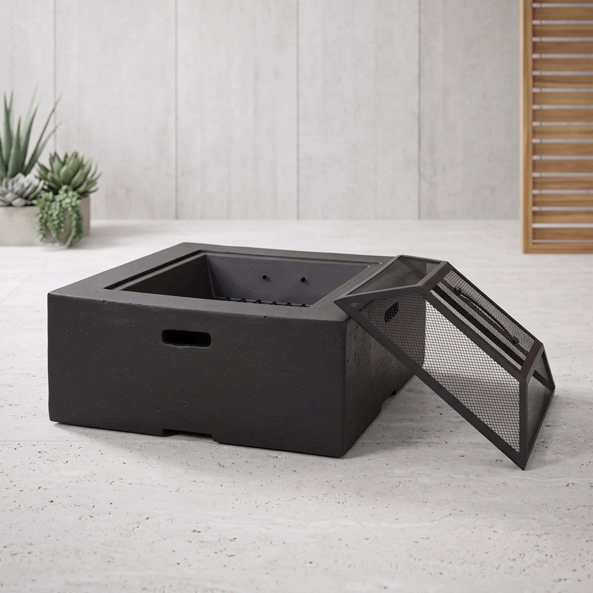 29 In. Dark Gray Square Wood Outdoor Fire Pit