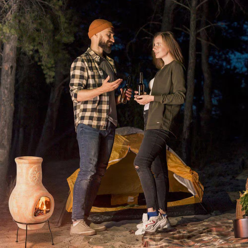 Beige Clay Chiminea Outdoor Fireplace Sun Design Charcoal Burning Fire Pit with Sturdy Metal Stand, Cozy Nights Fire Pit