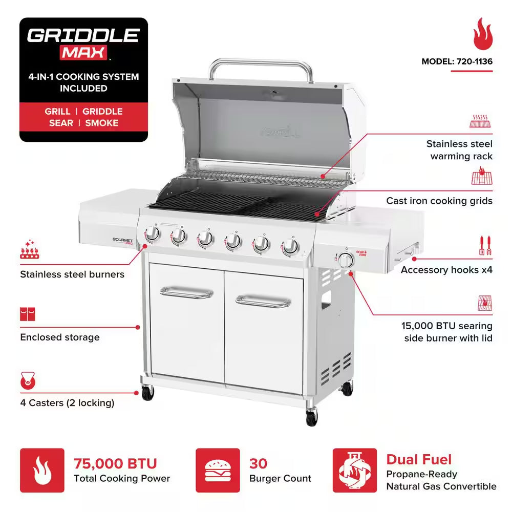 Gourmet Pro 6-Burner Stainless Steel Propane Gas Grill with Searing Side Burner and Griddle Max Insert