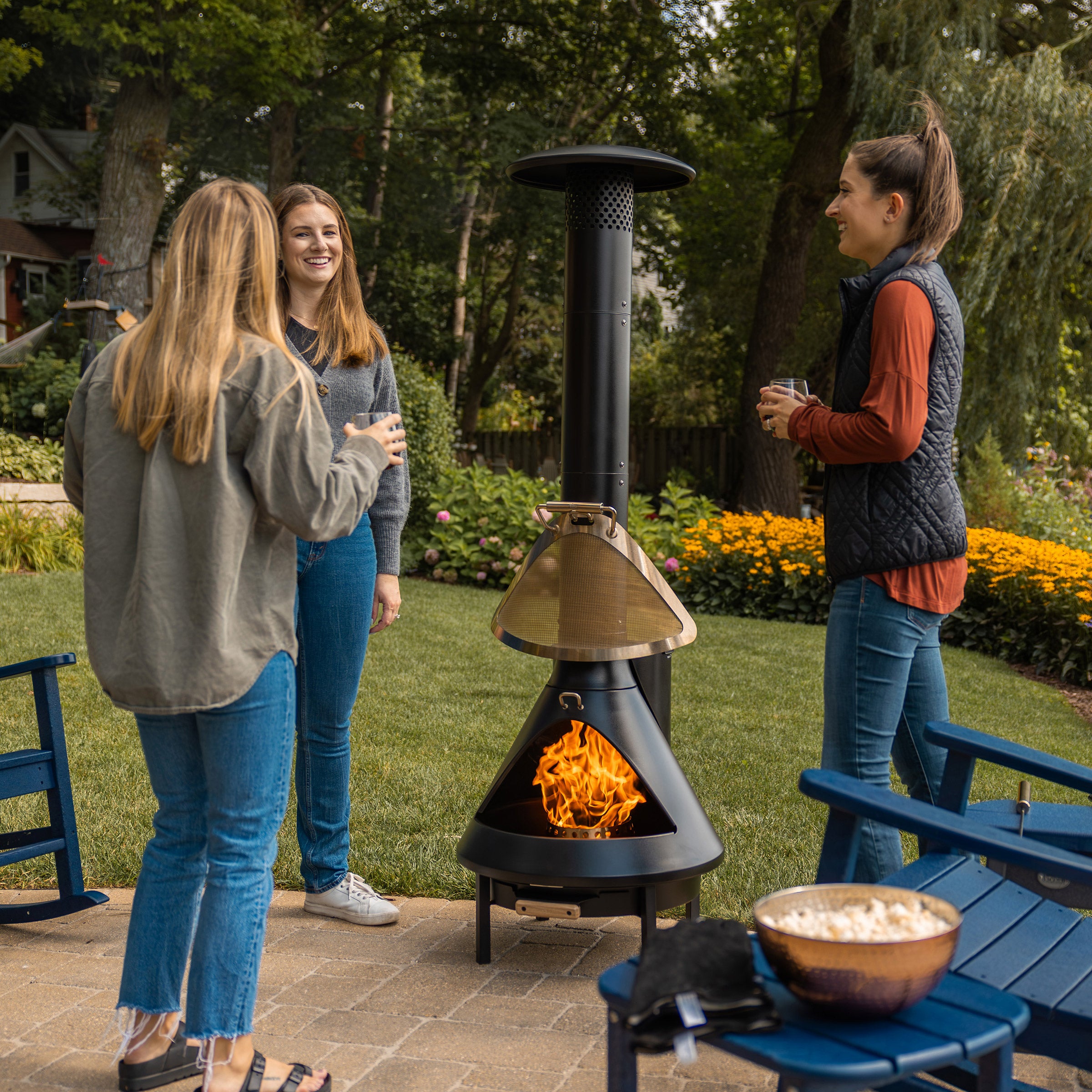 TIKI Brand 70 Inch Chiminea Outdoor Fireplace and Pellet Hopper