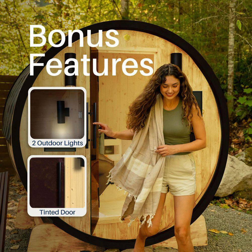 3-Person Capacity Outdoor White Finland Pine Wet/Dry Traditional Barrel Sauna with Black Accents