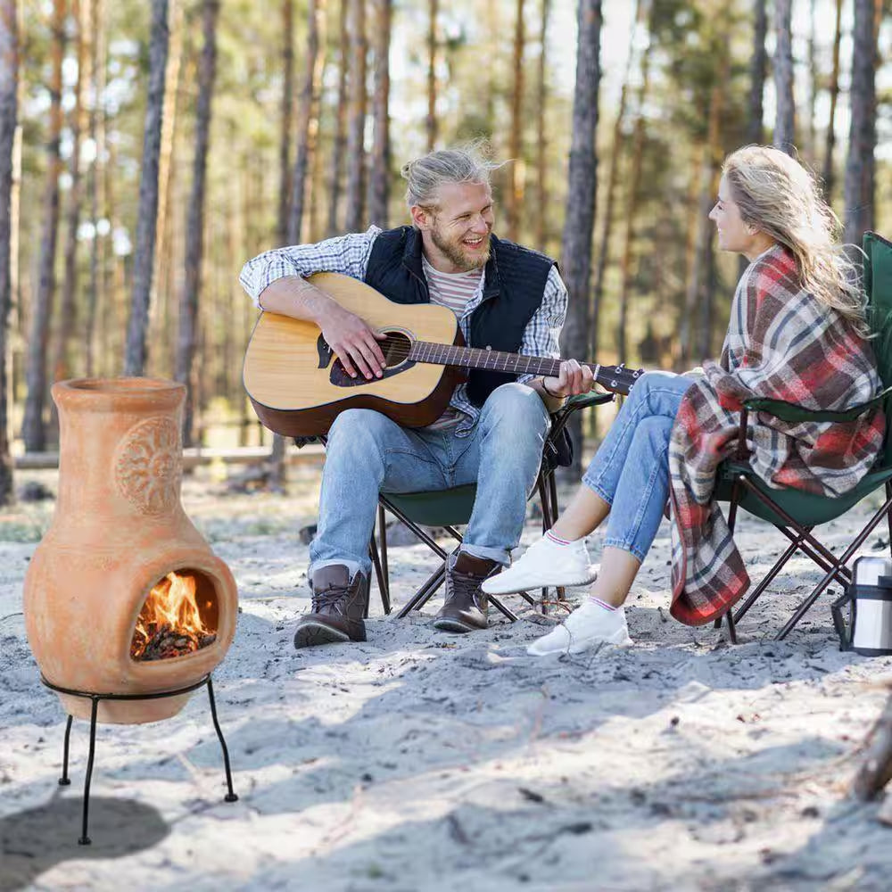 Beige Clay Chiminea Outdoor Fireplace Sun Design Charcoal Burning Fire Pit with Sturdy Metal Stand, Cozy Nights Fire Pit