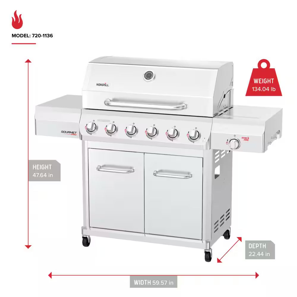 Gourmet Pro 6-Burner Stainless Steel Propane Gas Grill with Searing Side Burner and Griddle Max Insert